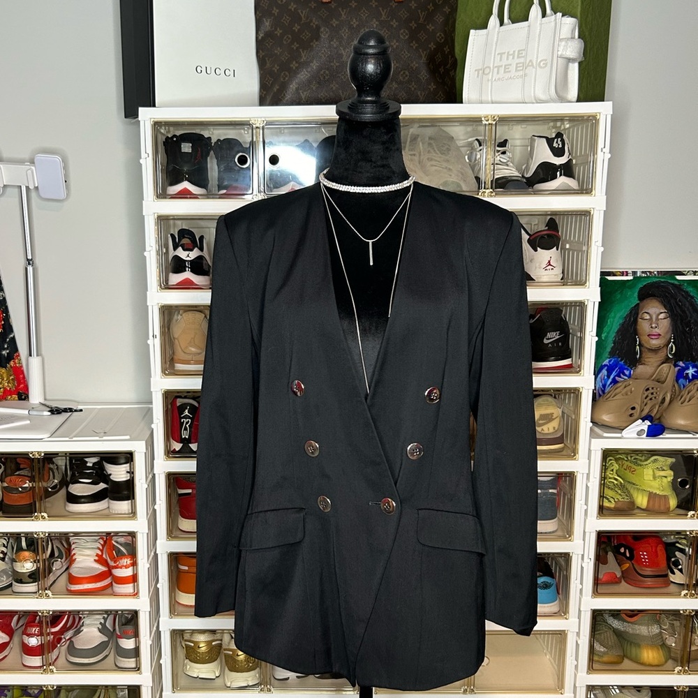 Evan Picone 80s Vintage Size 8 Padded Shoulders Black double‎ breasted blazer